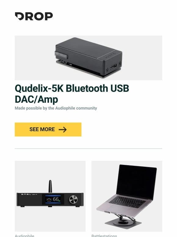 Qudelix-5K Bluetooth USB DAC/Amp， SMSL DA-9 Bluetooth Amplifier， Keebmonkey Laptop Stand and more…