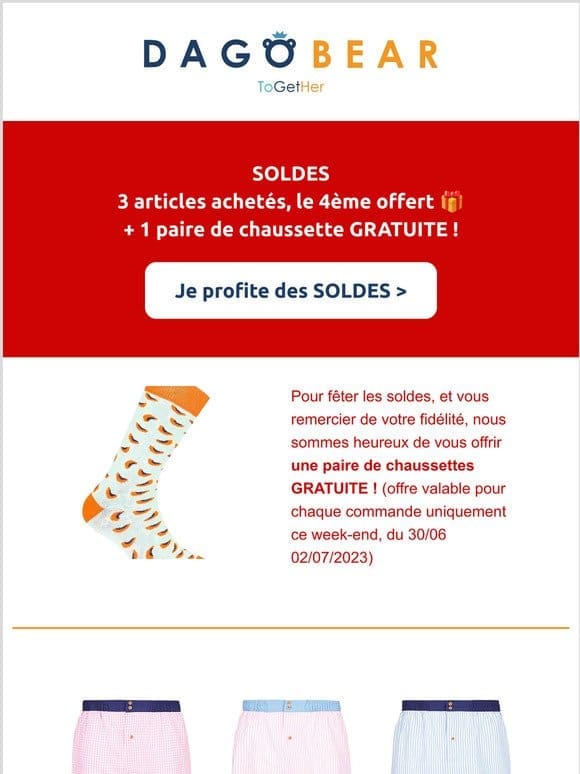 SOLDES   3 articles achetés， le 4ème offert + 1 paire de chaussettes gratuite uniquement ce week-end !