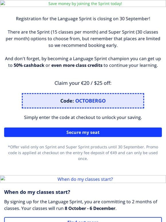 Sign up for the Language Sprint now and get €20 / $25 off!