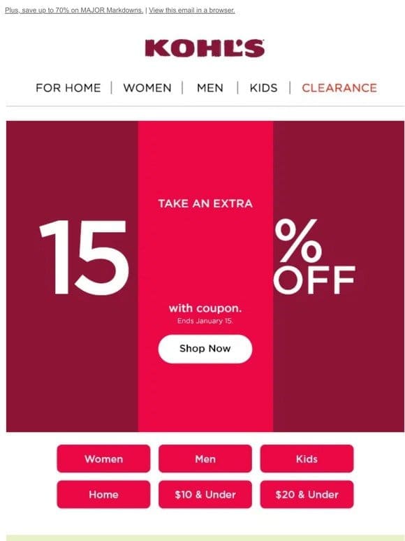 Take 15% off + LAST CHANCE to earn Kohl’s Cash