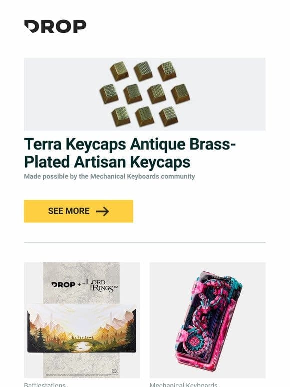Terra Keycaps Antique Brass-Plated Artisan Keycaps， Drop + The Lord of the Rings™ Fellowship Desk Mat， Dwarf Factory Mc.Long Mecha Artisan Keycap and more…
