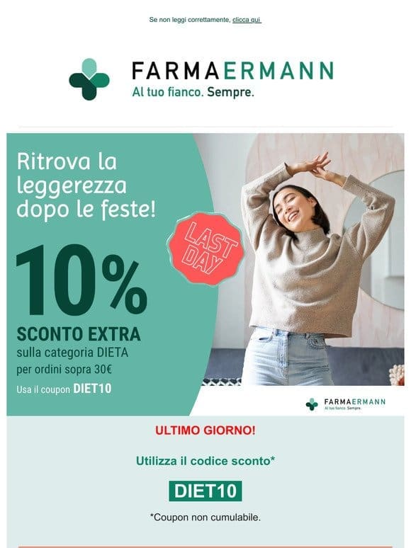 ULTIMO GIORNO! Extra sconto 10% su tutti gli integratori dietetici