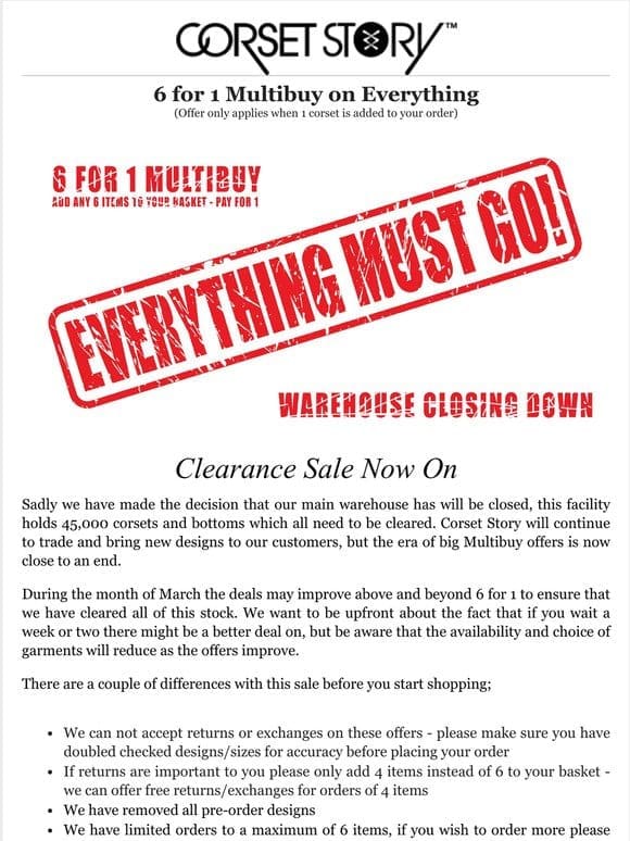Warehouse Closing – 6 for 1 SALE
