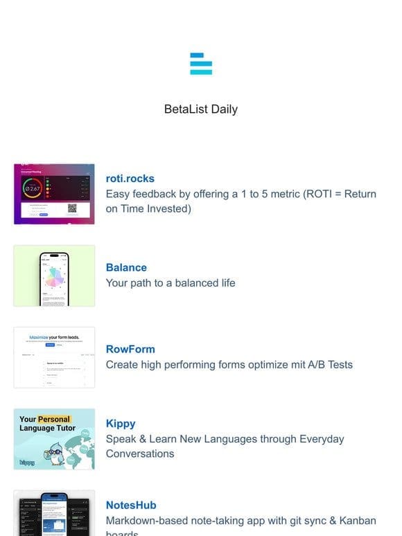 roti.rocks， Balance， Kippy， RowForm， and NotesHub