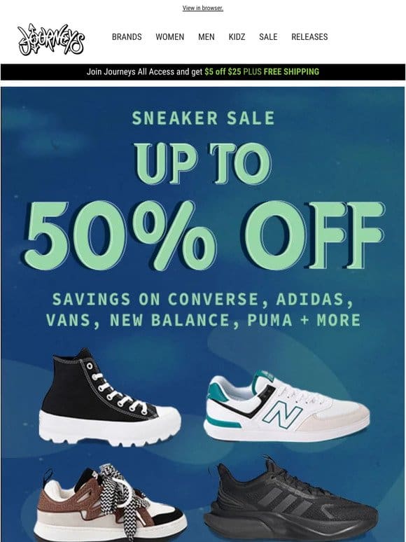 up to 50% off adidas， Converse， Vans + more!