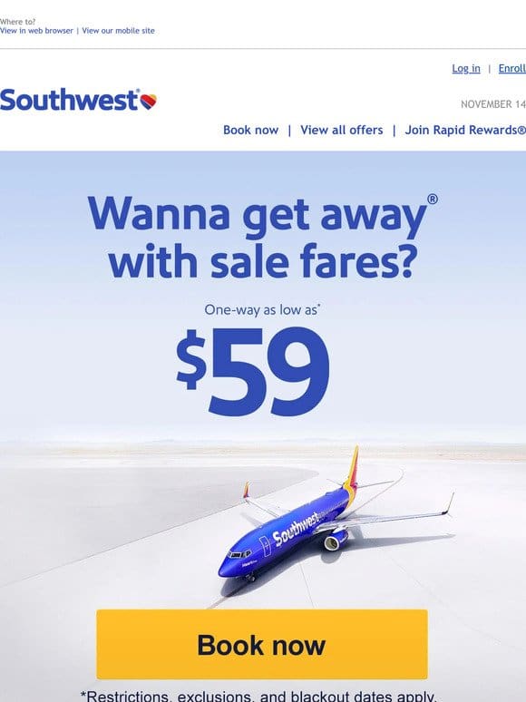 ， DEPARTING NOW: $59 sale fares near you!