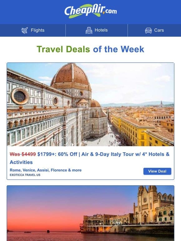 $1799+ Italy w/Air | $1154+ Balcony Cruises | Nashville Hotel & more