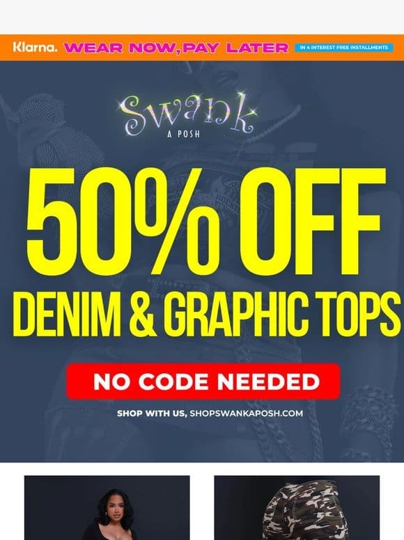 50% OFF DENIM & GRAPHIC TOPS