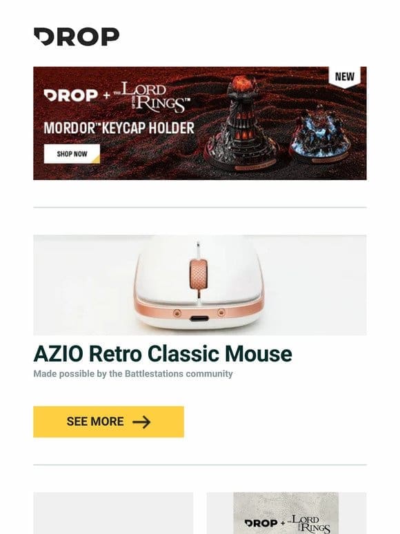 AZIO Retro Classic Mouse， NANAMI DESIGN City Map Stitched-Edge Desk Mat， Drop + The Lord of the Rings™ Mordor™ Keycap Holder and more…