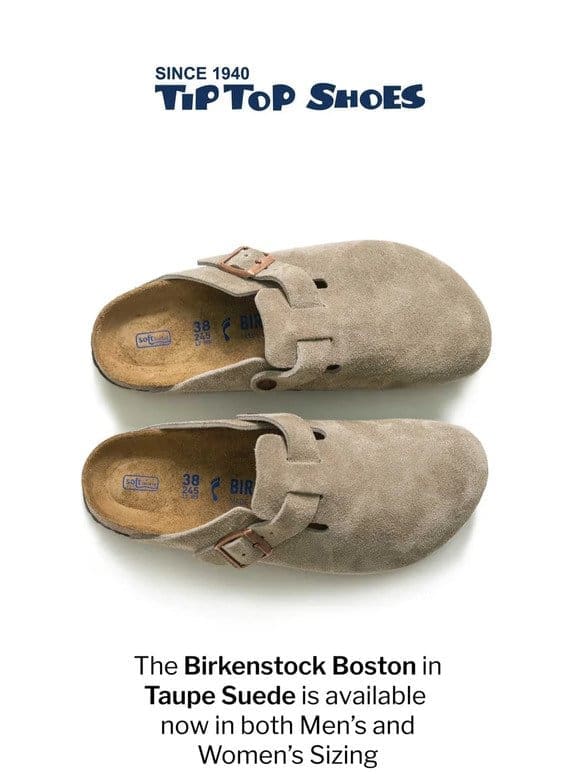 Back in stock: Birkenstock Taupe Suede Boston