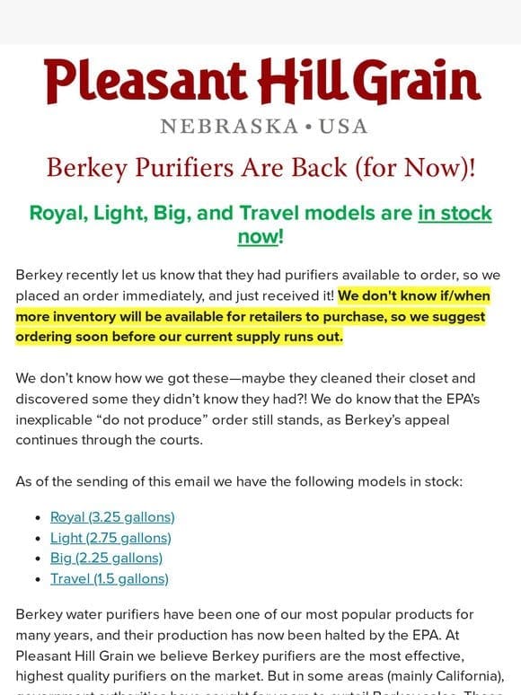 Berkey PF-2 filter sale， PLUS Berkey purifiers are BACK IN STOCK! — PHG Newsletter – PHG