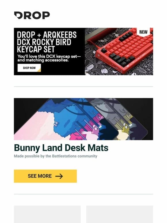 Bunny Land Desk Mats， Drop + ArqKeebs Rocky Bird Desk Mat， Benemate Graphic Design PBT Keycap Set and more…