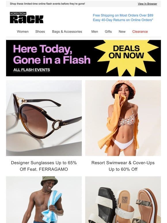 Designer Sunglasses Up to 65% Off Feat. FERRAGAMO | Resort Event! Up to 60% Off Swimwear， Cover-Ups & Vacation Styles | And More!