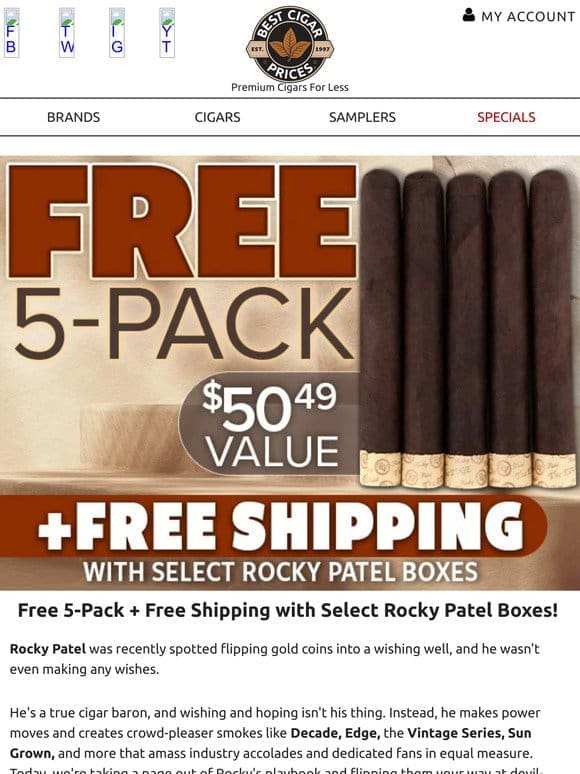 Free 5-Pack + Free Shipping with Select Rocky Patel Boxes