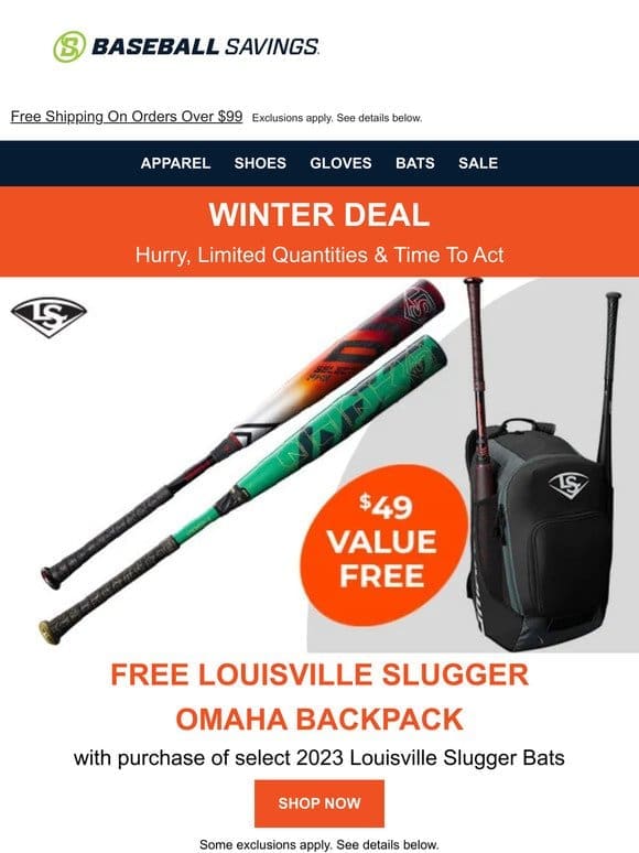 Get A FREE Omaha Backpack w/Louisville Slugger Bat Purchase!