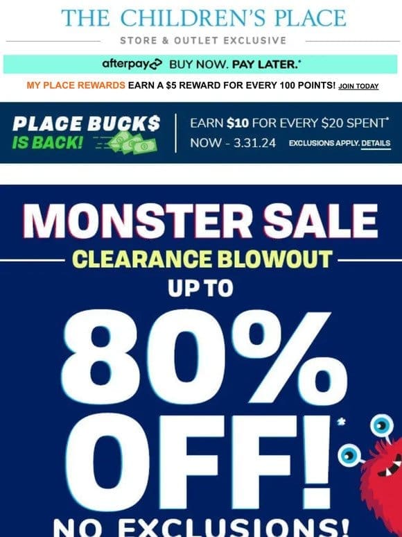 IN STORES ONLY! Up to 80% off ALL CLEARANCE blowout!