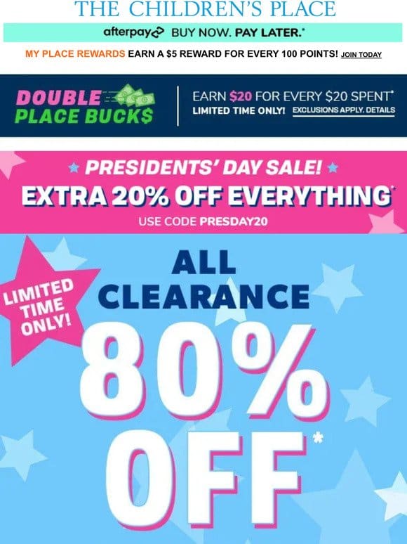 LIMITED TIME: ALL CLEARANCE 80% off with code PRESDAY20