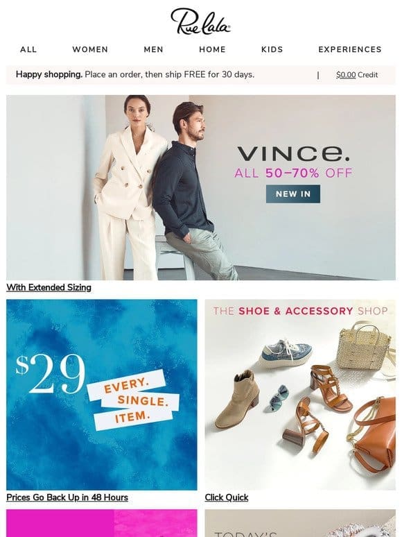 New Vince All 50 – 70% Off (with Extended Sizing) • Everything $29 for 48 Hours