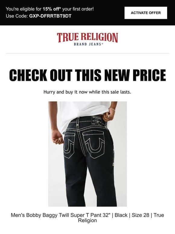 Price drop! The Men’s Bobby Baggy Twill Super T Pant 32″ | Black | Size 28 | True Religion is now on sale…