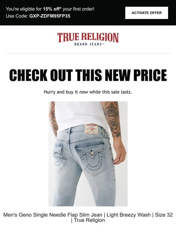 Price drop! The Men’s Geno Single Needle Flap Slim Jean | Light Breezy Wash | Size 32 | True Religion is now on sale…