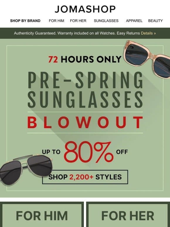 SUNGLASSES BLOWOUT SALE: 72 HRS ONLY!