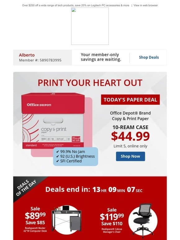 Save big! $44.99 Office Depot® Brand 10-ream case paper