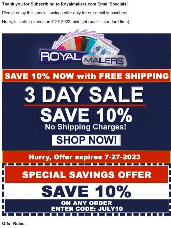Sitewide Savings at Royalmailers.com – Save 10% with Free Shipping!!