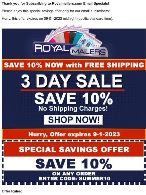 Summer Savings at Royalmailers.com – Save 10% with Free Shipping!!