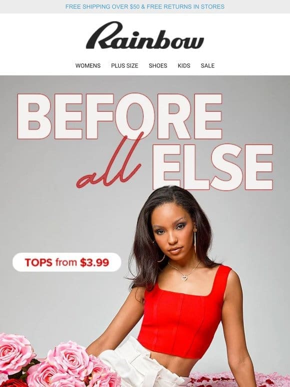 TOPS From $3.99   Beautiful Styles in Rose Reds and More!