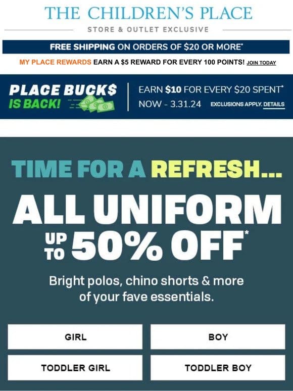 UNIFORM STOCK-UP: Shop up to 50% off including $5.99+ Polos!