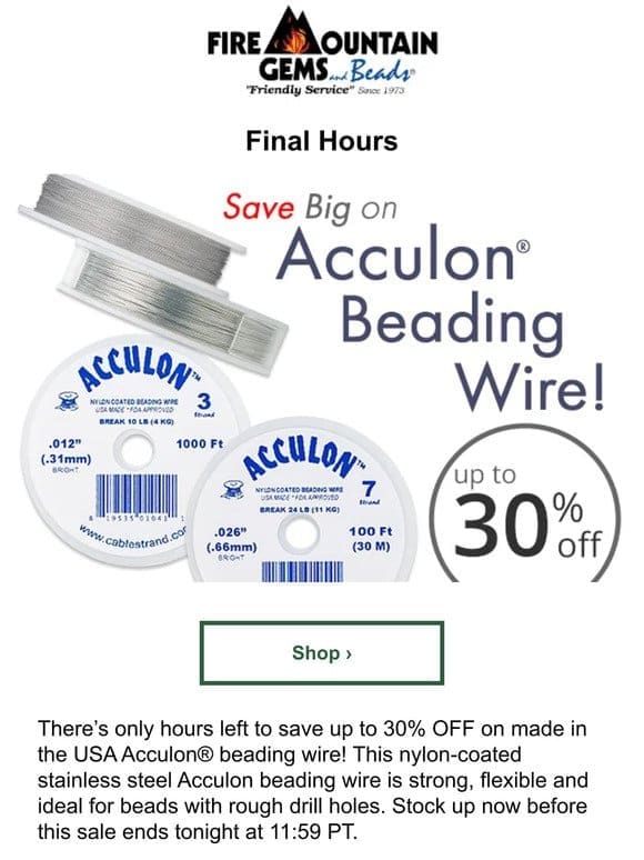 Up to 30% off Beading Wire – Hours Left