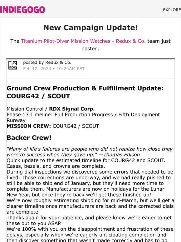 Update #33 from Titanium Pilot-Diver Mission Watches – Redux & Co.