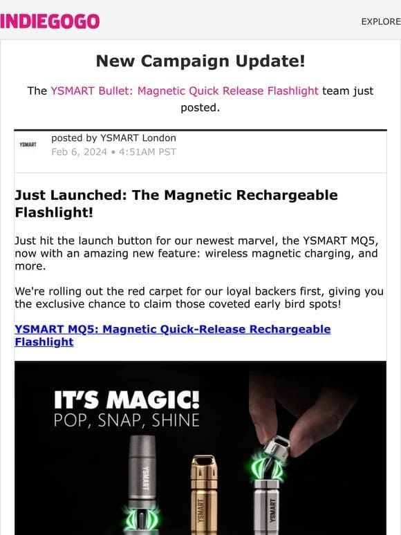 Update #33 from YSMART Bullet: Magnetic Quick Release Flashlight