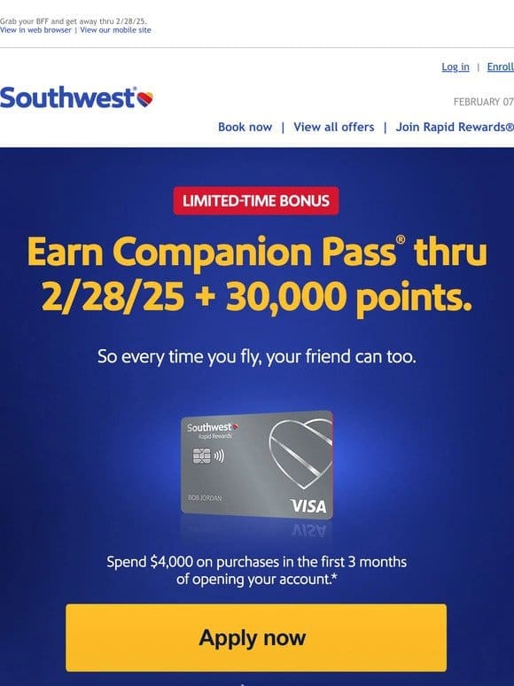 Wanna earn Companion Pass® + 30，000 points?