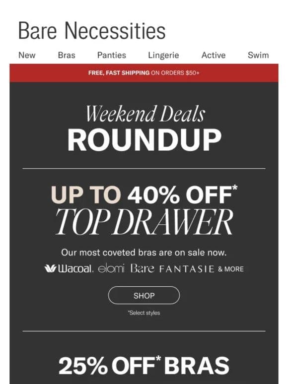 Weekend Kickoff: 40% Off Top Drawer Event， 25% Off Bras & More