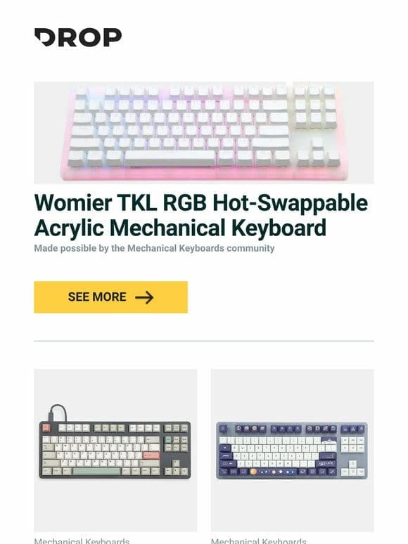 Womier TKL RGB Hot-Swappable Acrylic Mechanical Keyboard， Artifact Bloom Series Keycap Set: Futures， SoulCat To the Universe Dye-Subbed PBT Keycap Set and more…