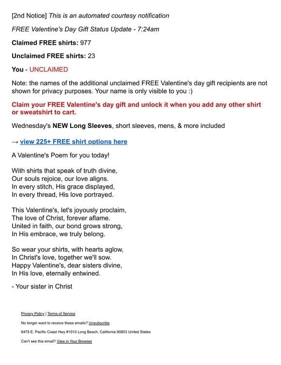 You – unclaimed FREE Valentine’s Day gift