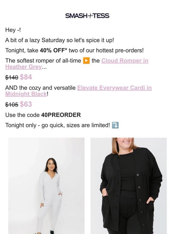 ✅ TONIGHT: 40% OFF the Cloud Romper + Elevate Cardi!