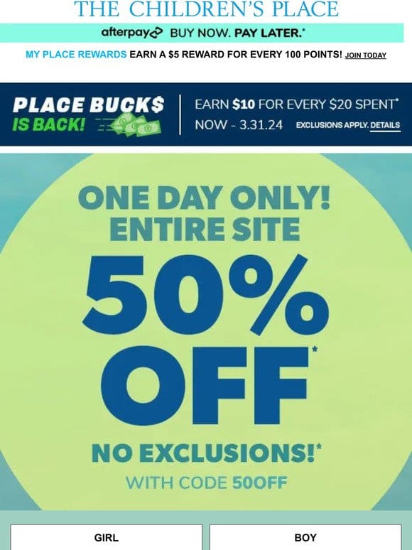 1 DAY ONLY – 50% OFF EVERYTHING (no exclusions)!