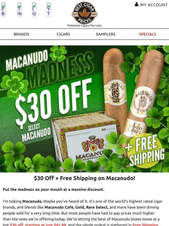 $30 Off + Free Shipping on Macanudo