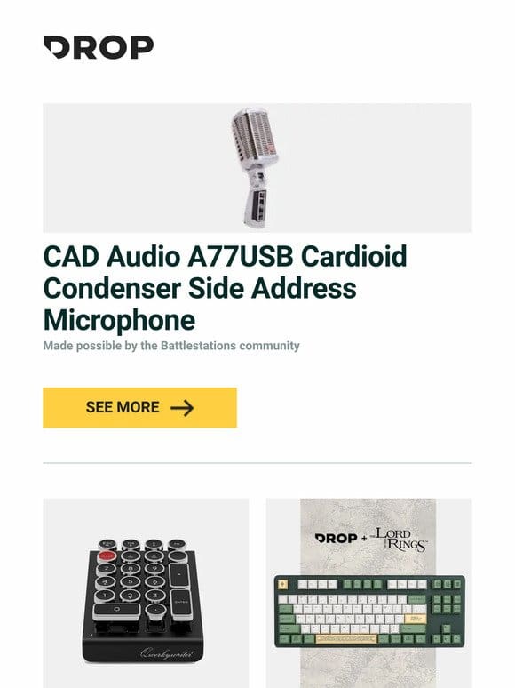 CAD Audio A77USB Cardioid Condenser Side Address Microphone， QwerkyToys QWERKYWRITER NUMKEY Numpad， Drop + The Lord of the Rings™ DCD Rohan™ Keycap Set and more…