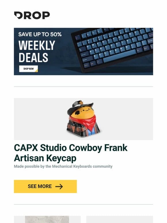 CAPX Studio Cowboy Frank Artisan Keycap， Drop + The Lord of the Rings™ Barad-dûr™ Desk Mat， Keydous NJ80 Barebones Wireless RGB Keyboard and more…