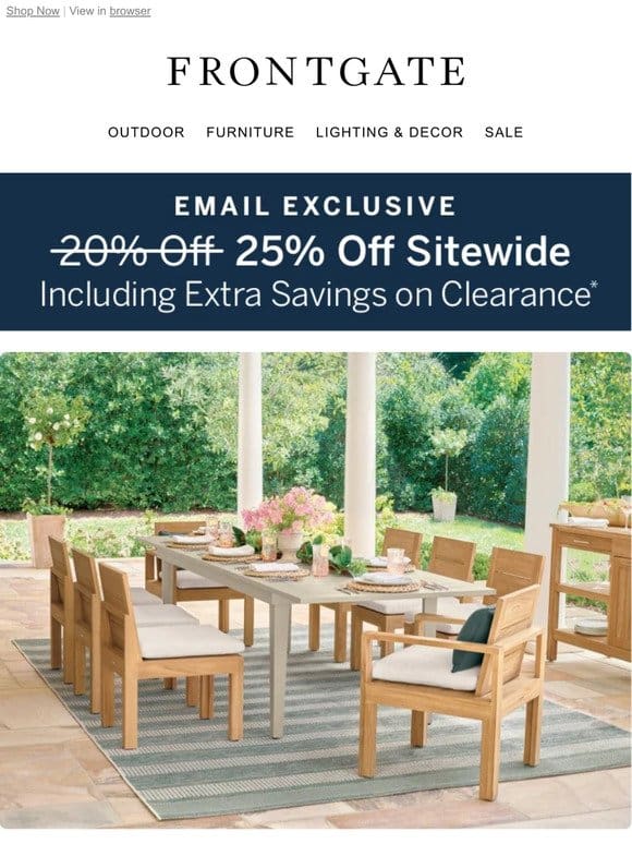 Final Day for 25% off sitewide， including extra savings on clearance.