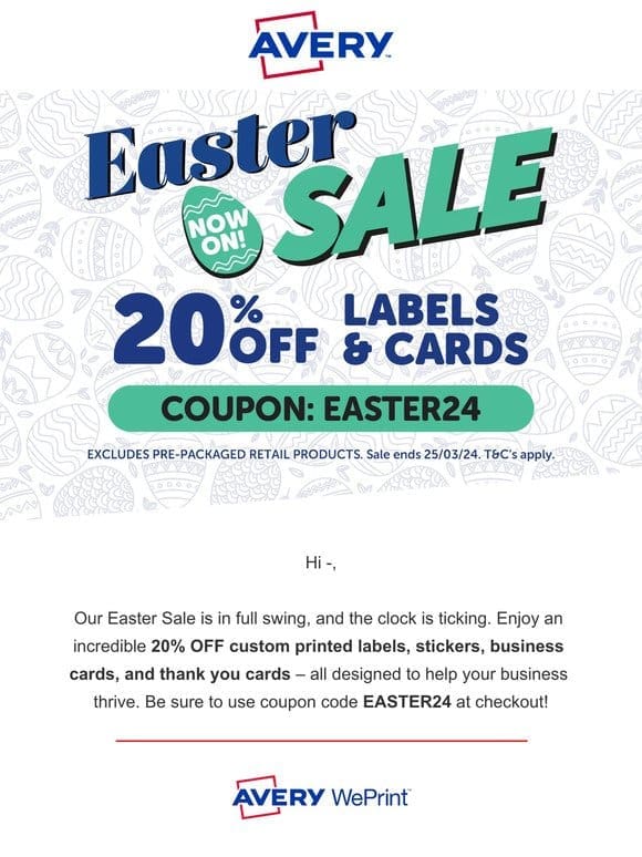 Get 20% Off with Avery’s Easter Sale
