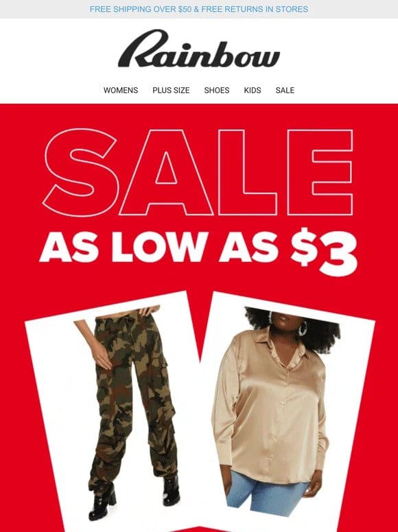 Hot Deals   In your Size， —. AS LOW AS $3