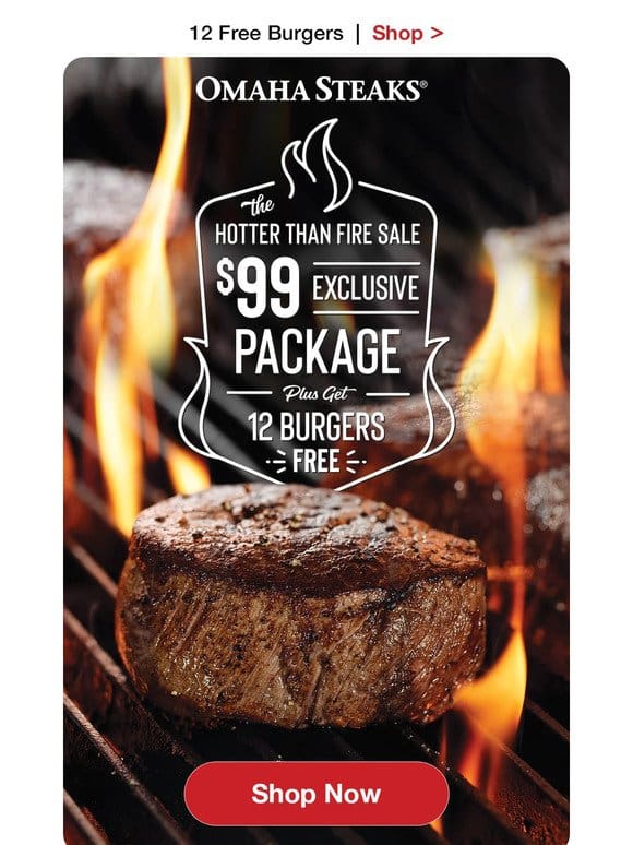 Hotter Than Fire Sale: $99 package + 12 FREE burgers!