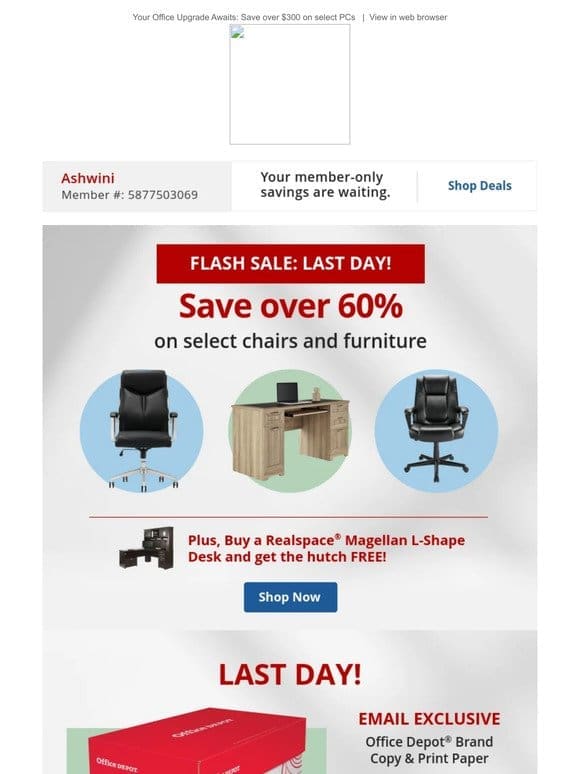 Hurry， it’s the FINAL day of the Furniture Flash Sale & $39.99 10-ream case paper with coupon