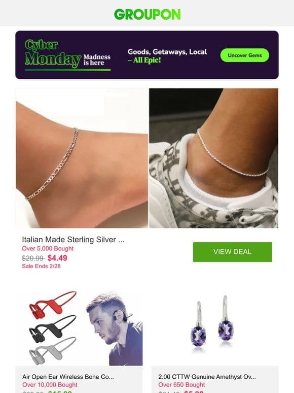 Italian Made Sterling Silver 9″ or 10″ Italian Anklets (Multiple Options) and More