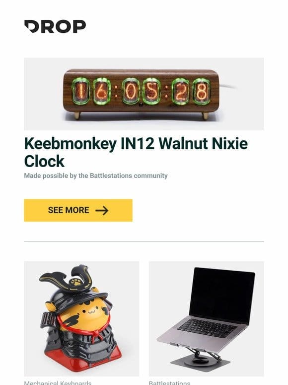 Keebmonkey IN12 Walnut Nixie Clock， CAPX Studio Samurai Frank Artisan Keycap， Keebmonkey Laptop Stand and more…
