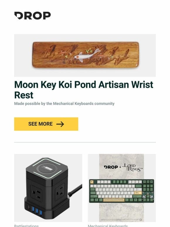 Moon Key Koi Pond Artisan Wrist Rest， Uncaged Ergonomics Wireless Charging Cube Power Strip， Drop + The Lord of the Rings™ Rohan™ Keyboard and more…